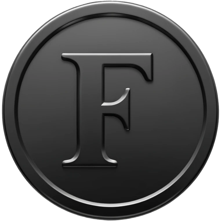 Emoji icon of a black coin with engraved letter F, minimalist style, isolated, no color emoji