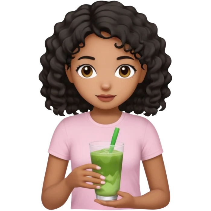 brown girl with wavy to curly black hair with iced matcha. the girl is wearing a baby pink top. emoji