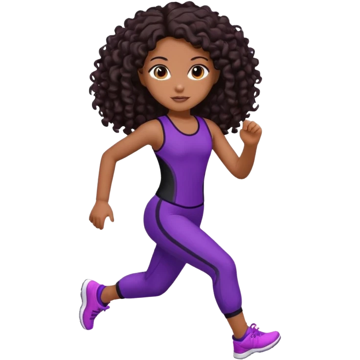 Uma boneca morena escura com olhos castanhos e cabelo cacheado longo até o peito, treinando correndo a roupa roxa com detalhes preto emoji