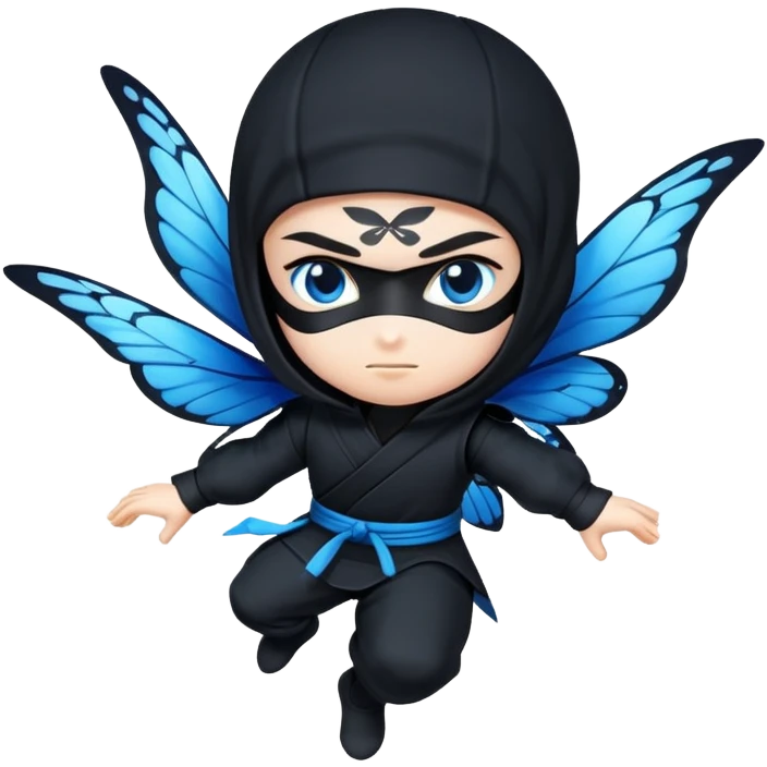 Crea un emoji para usar en WhatsApp con estos dos emoji 🥷🏻🦋.
Ninja vestido de negro con la piel blanca y una mariposa azul posada en su hombro izquierdo como si estuviera volando. emoji