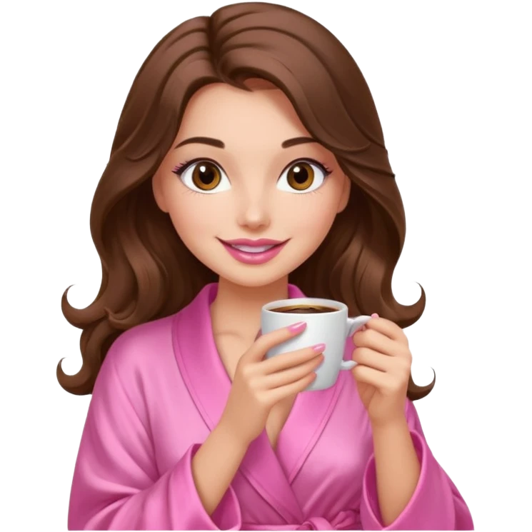 girl with long wavy brown hair, brown eyes, long lashes makeup, sexy pink lips, light to medium complexion, wearing a pink sexy silk top, smiling in a cozy pink robe drinking coffee emoji