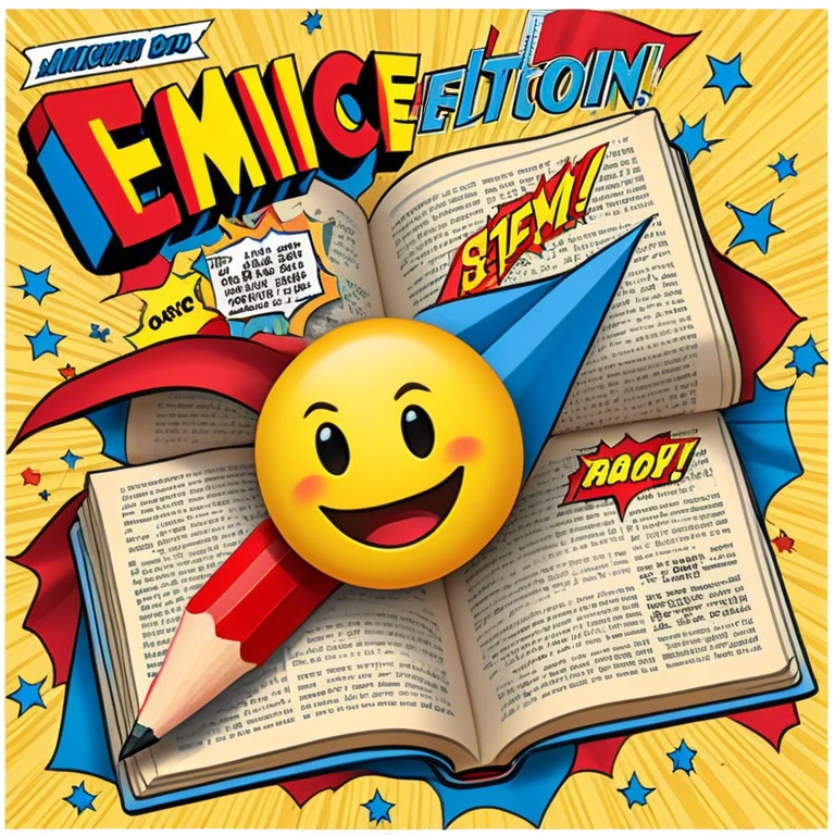 Create a vibrant emoji, representing comic books and graphic novels as an art form. The design should feature a large, opened comic book with vintage comic panels on the pages. Include a pencil (without a hand), writing text or sketching on the pages. The comic panels should have bold lines and retro-style artwork with classic comic book visuals. Use bright, energetic colors like red, yellow, and blue to evoke excitement and creativity. The overall design should feel dynamic, vintage, and artistic. Make the background transparent. emoji