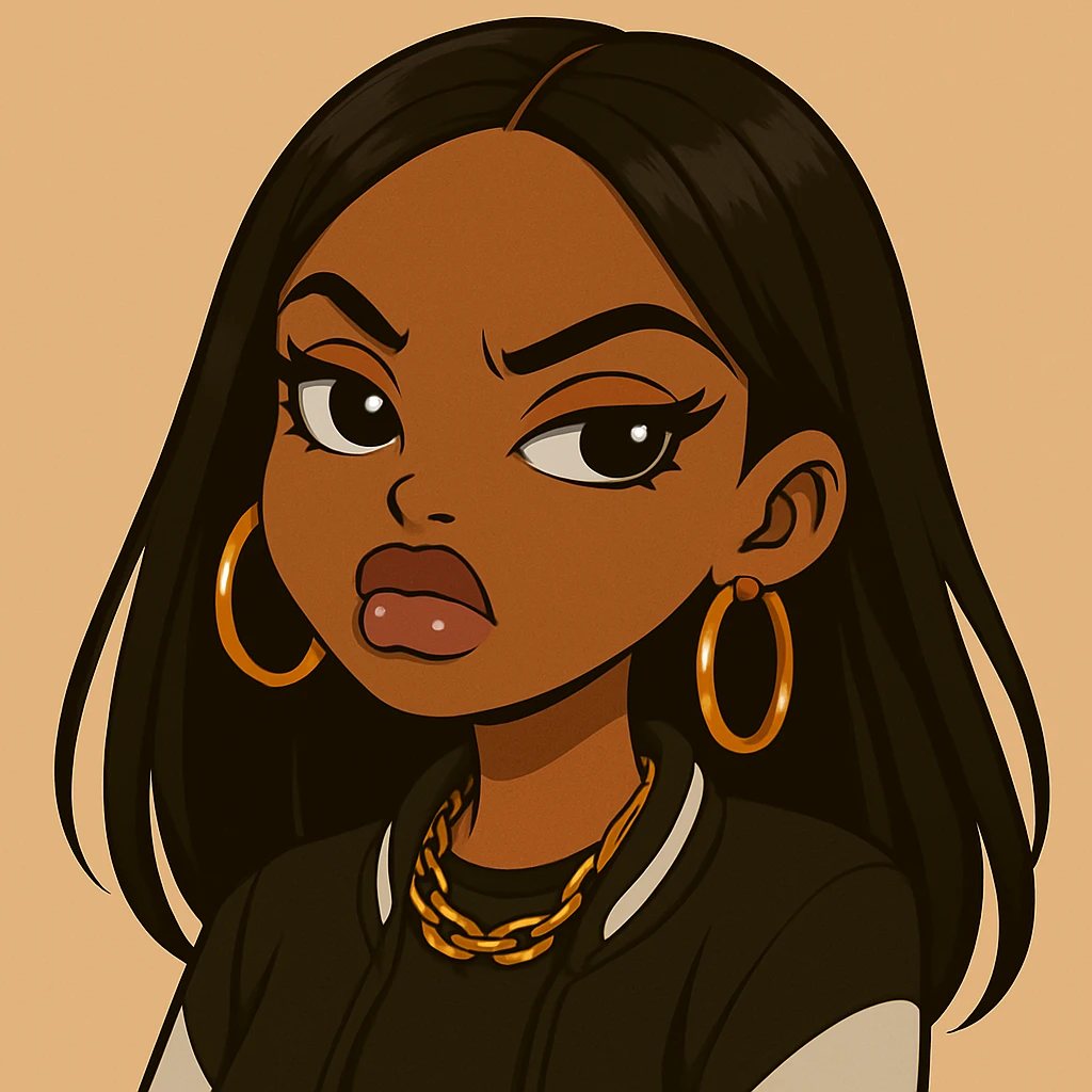 Change her outfit to a more casual style, headshot only, 20-year-old anime Bratz style woman with dark skin, straight hair, big expressive eyes, glossy lips, no hat, no tears, confident and aloof expression, snooty attitude, nose turned up. Maintain the anime Bratz style and the described facial features and expression. emoji