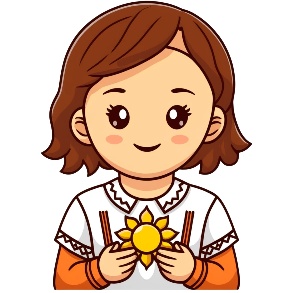 A young Ukrainian girl with brown hair wearing a traditional white embroidered shirt carefully holds a bright sun in her hands emoji