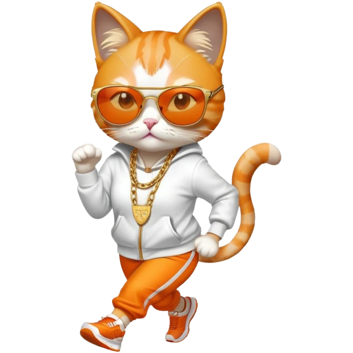 female cat wearing Run DMC hip-hop outfit, gold chains, dark sunglasses, jogging emoji