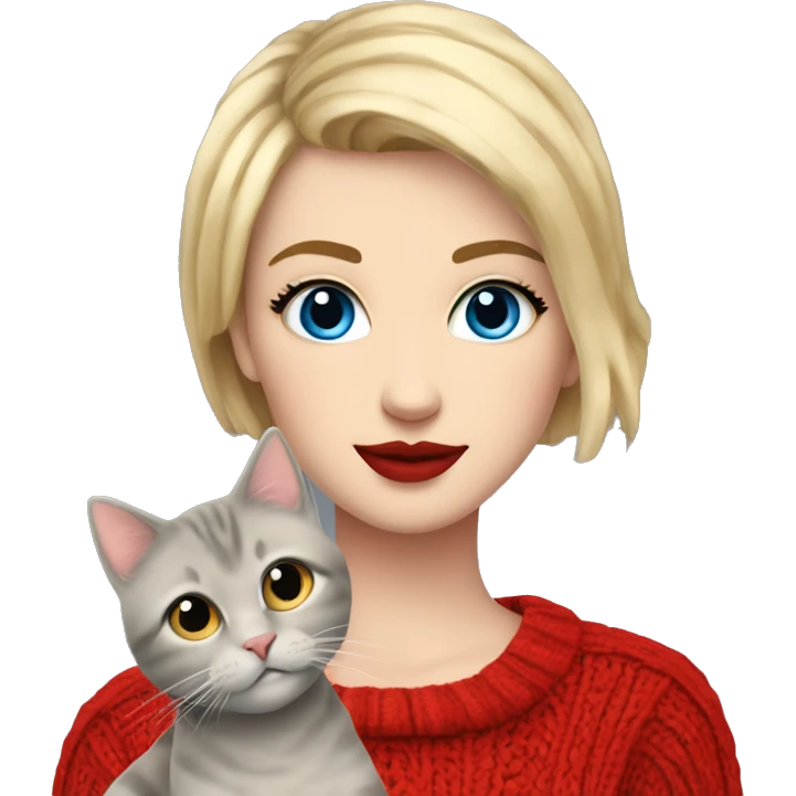 hey girl with a short blonde hair and a fringe with blue eyes long eyelashes and red lipstick on with a red cable knit sweater on holding a grey cat emoji
