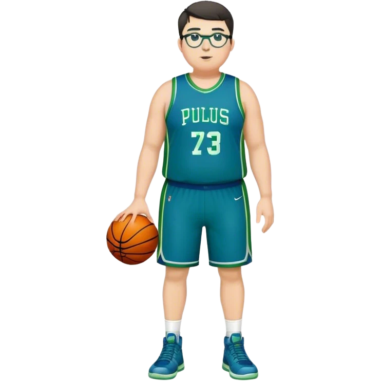 Full Body plus size white male with dark short hair  tall basketball player wearing glasses wearing blue green uniform emoji
