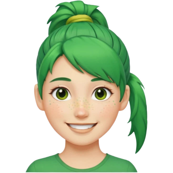 A woman with green hair tied in a ponytail, smiling. emoji