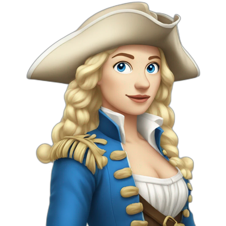 Blond Pirate woman in 18th century, blue eyes, blue white costume emoji