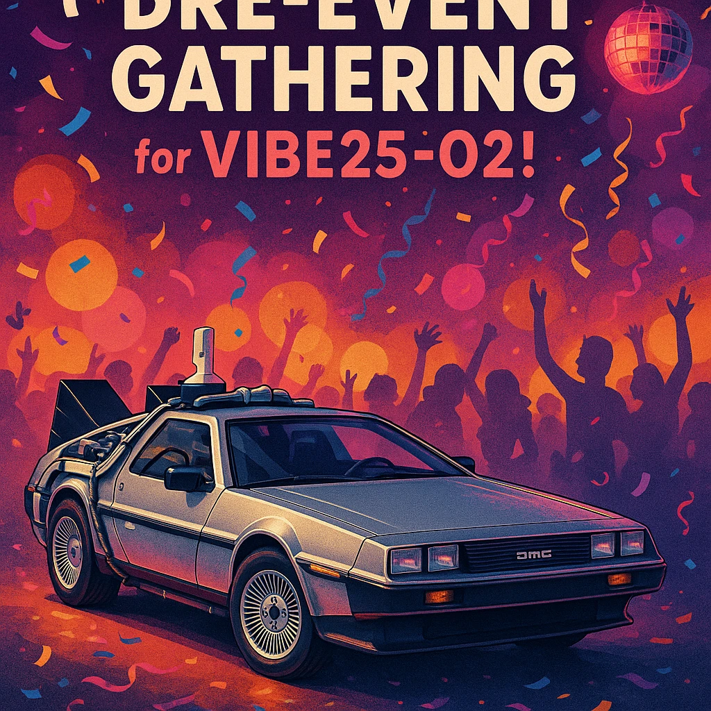 stylish invitation with a DeLorean, including the text 'Pre-Event Gathering for VIBE25-02!', party atmosphere emoji