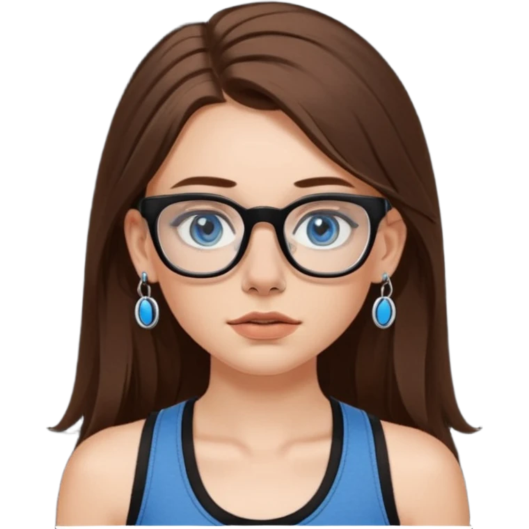 WHITE girl with long brown hair, part going more to the RIGHT side, BLUE eyes, wearing BLACK rectangle plastic frame glasses. SEPTUM nose piercing hoop (at bottom of nose) AND stud nose piercing on right side of nose. Wearing BLACK tank top. emoji