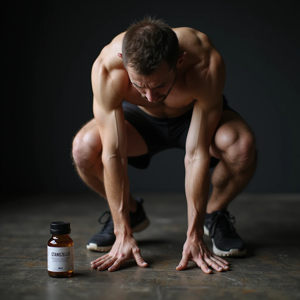 photo realistic crossfit athlete with rigid and painful posture, hands on painful knees, visible muscles, vials labeled 'Stanozololo' next to him, intense light, gym background emoji