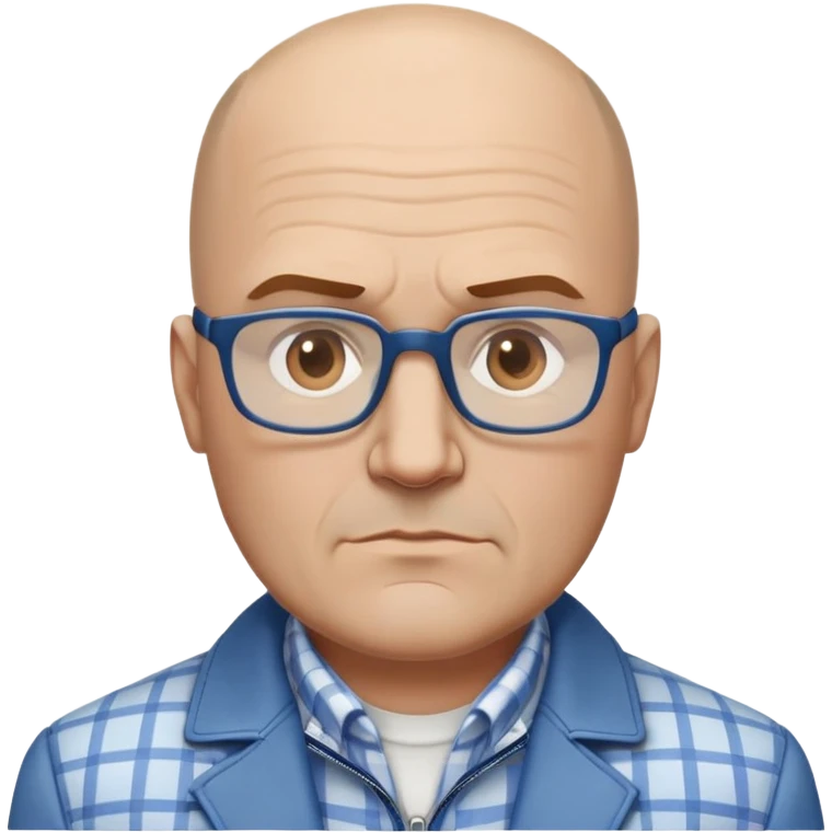 50-year-old heavyset man with very wide face and prominent square jawline. Little to no hair on the sides with some hair on top, balding pattern. Large dark square glasses. Serious-relaxed expression. Light gray jacket that fits his larger frame, white shirt with blue checkered pattern. emoji