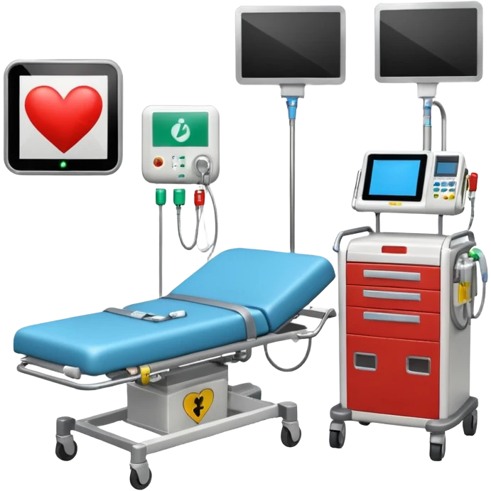 An emergency room corner with defibrillator, monitors, and crash cart.
 emoji