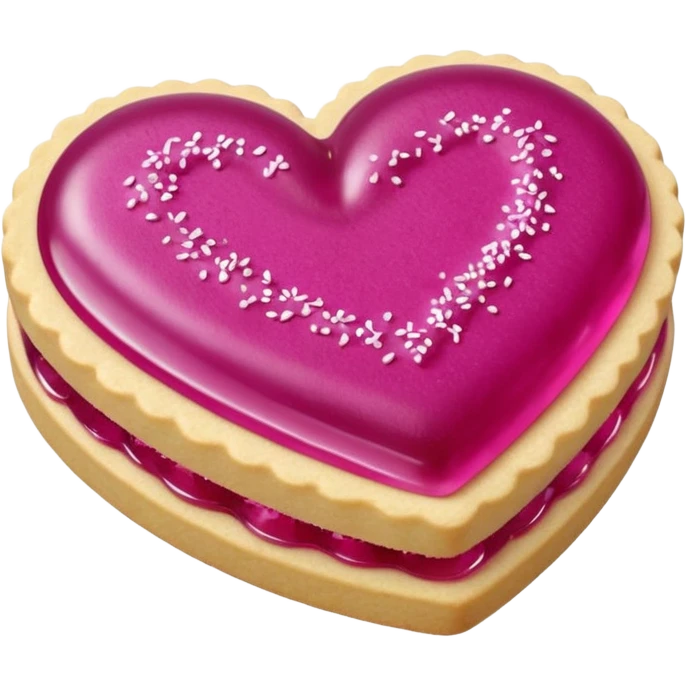 Realistic shortbread cookie in the shape of a heart with Fuchsia color jelly middle filling and sprinkled powder sugar on top. emoji