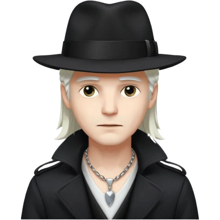 Male Goth with Fedora
 Sleek long hair, white skin, black trench coat, silver necklace visible under coat, white long hair emoji
