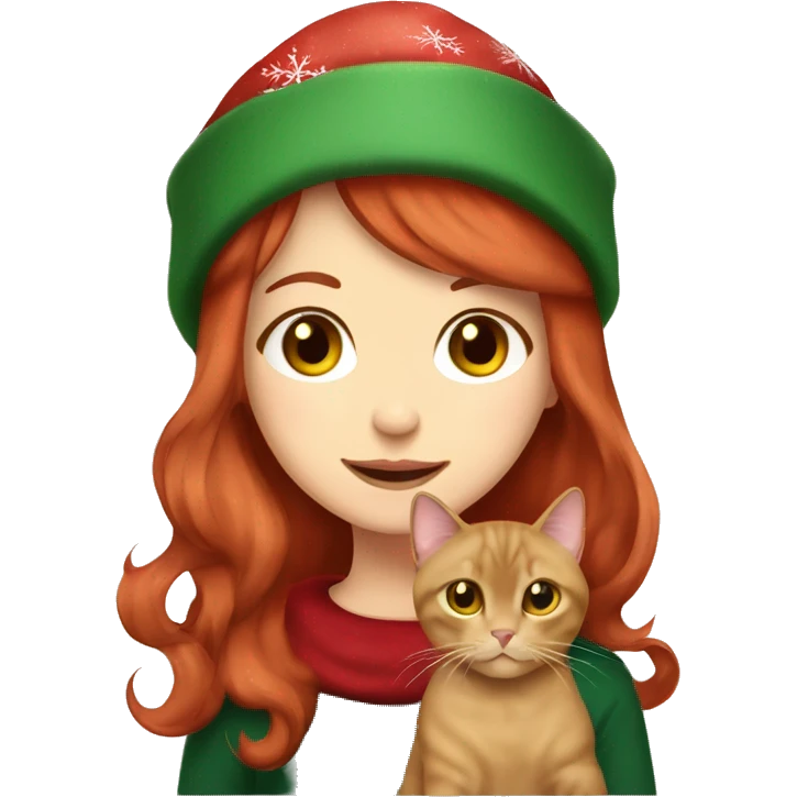cherry red hair cute girl holding burmese brown cat in christmas cap emoji