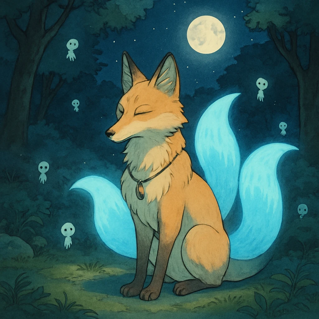 A wise fox spirit companion with three tails that glow with soft blue light, wearing a small necklace with ancient runes, sitting gracefully in a moonlit forest clearing with tiny spirits floating around it emoji
