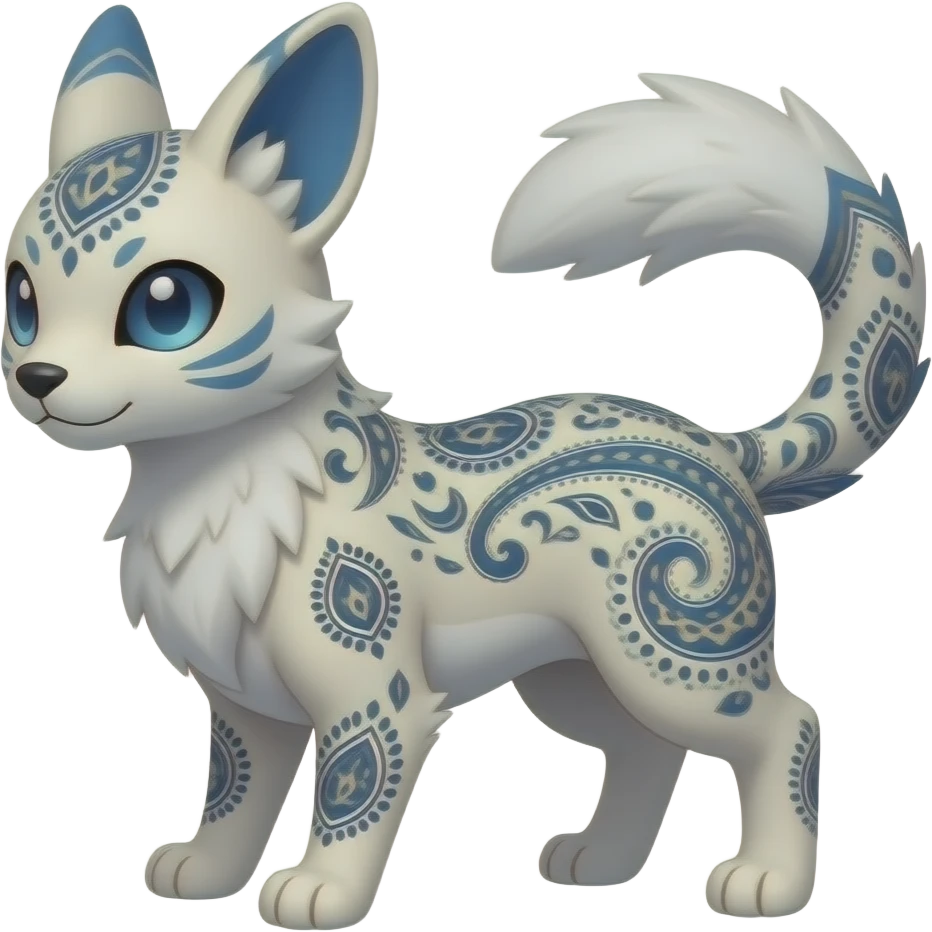 Short-legged quadrupedal paisley-patterned elegant oriental feral painted Absol-Glaceon-Sylveon-animal-Fakémon-fusion-hybrid-creature emoji