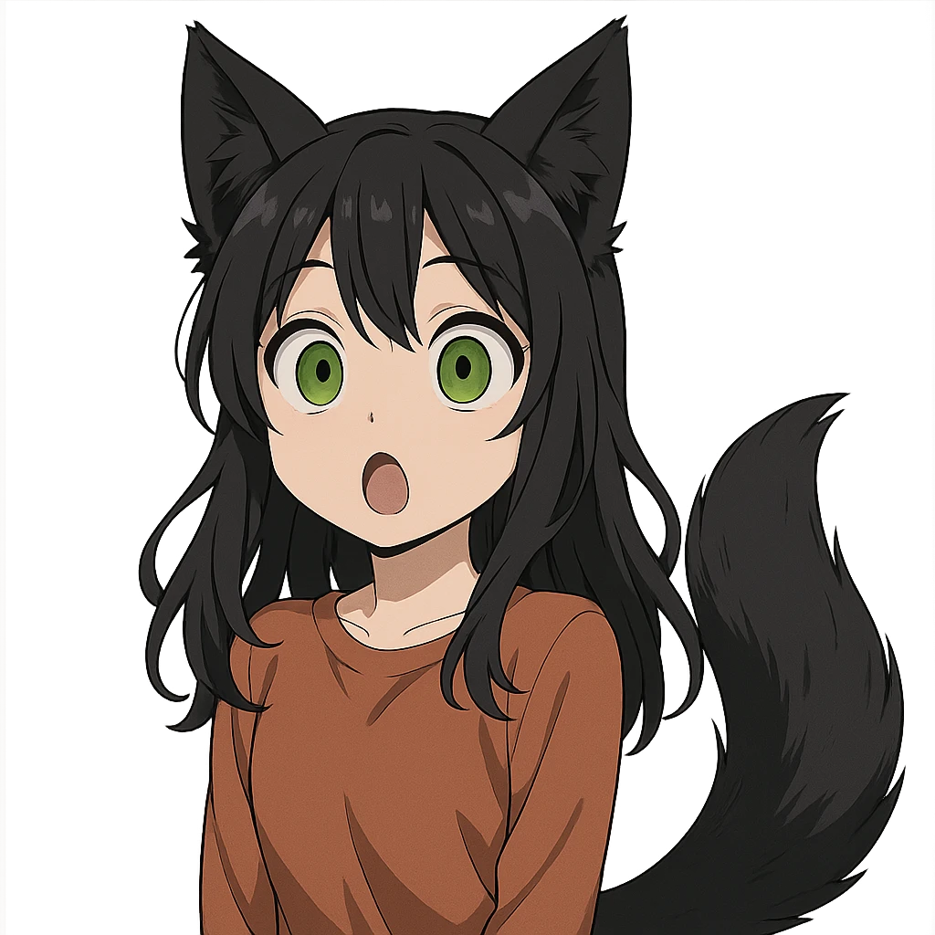 a surprised girl with huge green eyes, black fox ears, and a tail, dark hair emoji