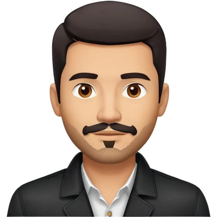Attractive Hispanic TV host in his mid to late 40s with light brown skin, short straight black hair with pronounced fade haircut, stubble/scruff facial hair instead of full beard, square handsome face with strong jawline, friendly expression, wearing open black jacket with white buttoned shirt emoji