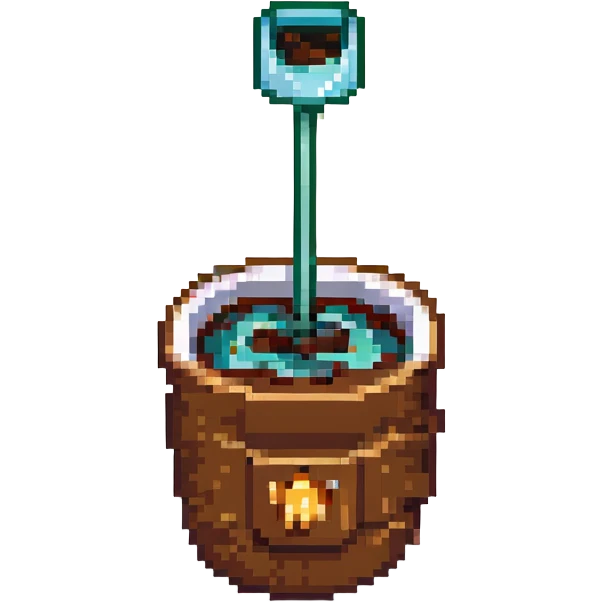 8-bit pixel art emoji, IV bag filled with brown coffee in a coffee cup connected emoji