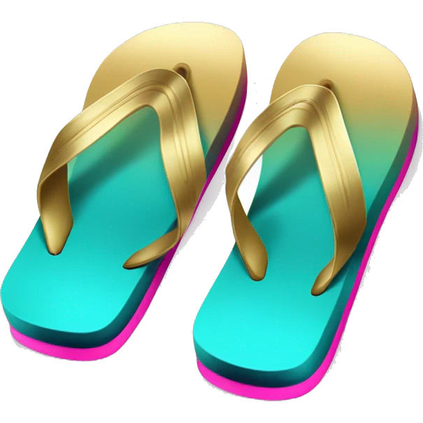 Realistic metallic gold ,hot pink and dark turquoise gradient pair of summer flip flops isolated. emoji