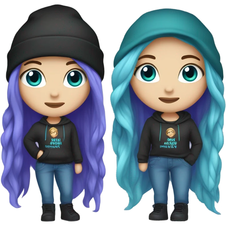 White girl, blue eyes, long teal hair, purple beanie hat, black hoodie, blue jeans, black shoes emoji
