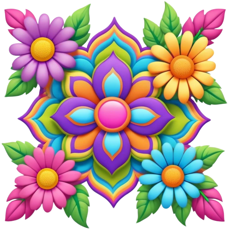 3D, psychedelic colored hippie style corner flower border emoji