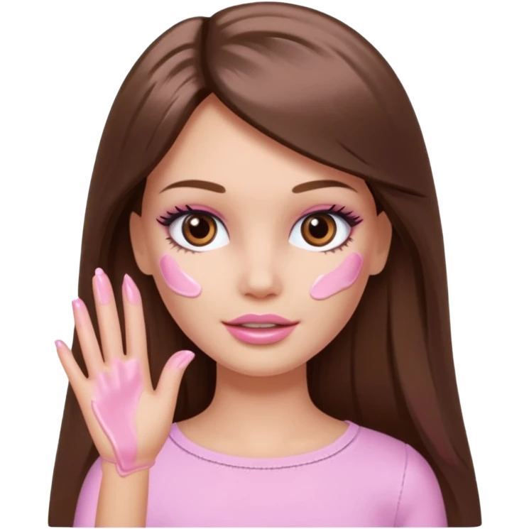 Barbie girl a brown long Straight hair and brown eyes is In pale pink smears by hand cosmetic cream on her face emoji