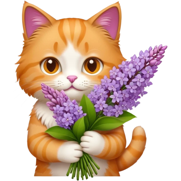 cat holding a bouquet of purple lilac flowers in hand, emoji style emoji