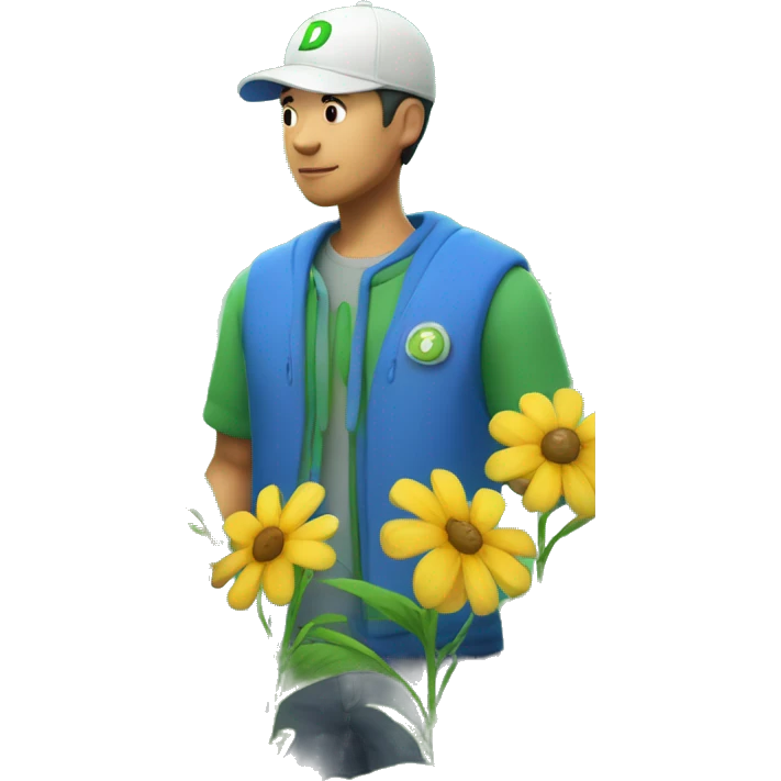 a botanist white asian man with luigi "D" cap and blue clothes holds various flowers emoji