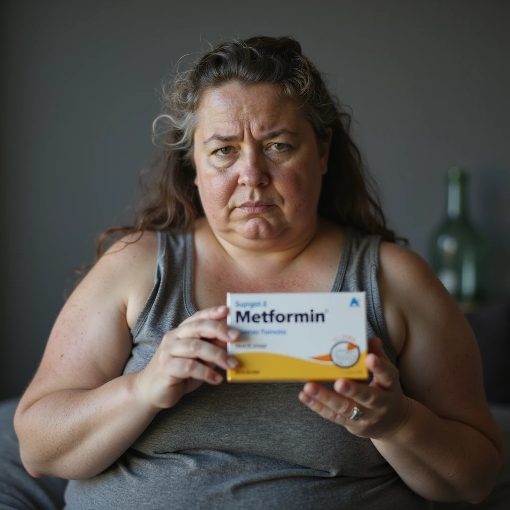 hyperrealistic 4K vertical 9:16 image of an overweight woman with signs of insulin resistance sitting, showing a box of Metformin towards the camera with an unsatisfied look, face with acne and fine hair, thin hair, white background emoji