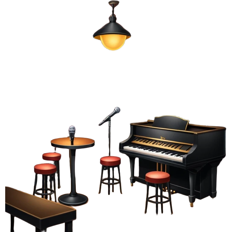 inside of a jazz nightclub, stage with microphone, dim lighting, small tables, cozy atmosphere emoji