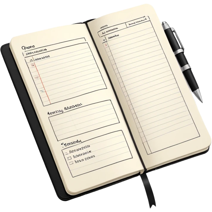 A classic black Moleskine notebook open to show an agenda page with meeting items and bullet points emoji