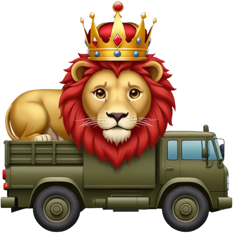 A lion on an army truck wearing a red crown on his head emoji