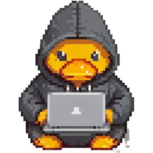 black rubber duck with tiny hoodie and a laptop, hacker emoji