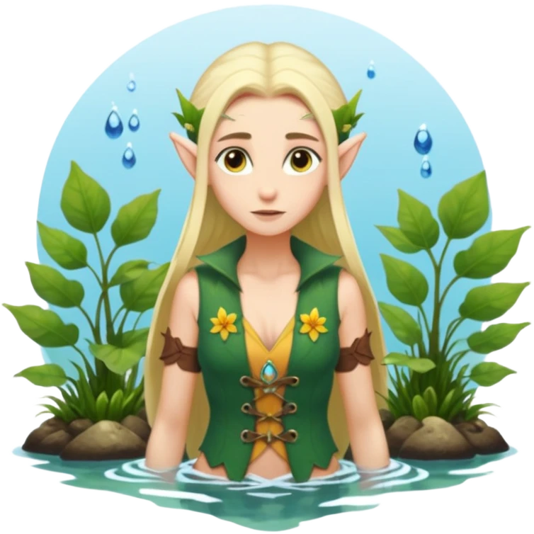 elf female legolas wading in shallow tide pool, palm emitting soft green light to heal glowing coral, practical open vest over bare chest, determined gaze, pointy ears, vibrant underwater plants, centered emoji, nature guardian summer emoji