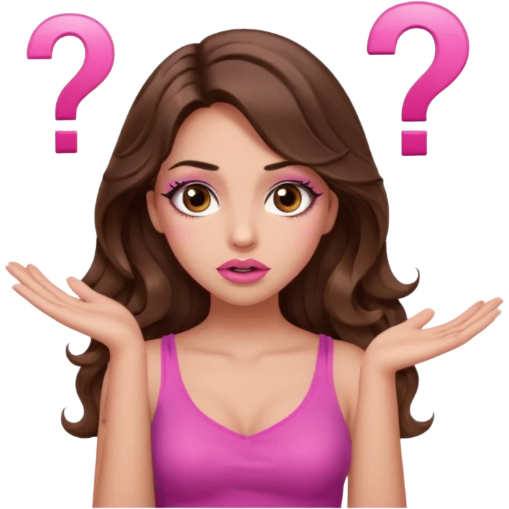 girl with long wavy brown hair, brown eyes, long lashes makeup, sexy pink lips, light to medium complexion, pink sexy top,, shrugging with both hands, confused, question mark emoji