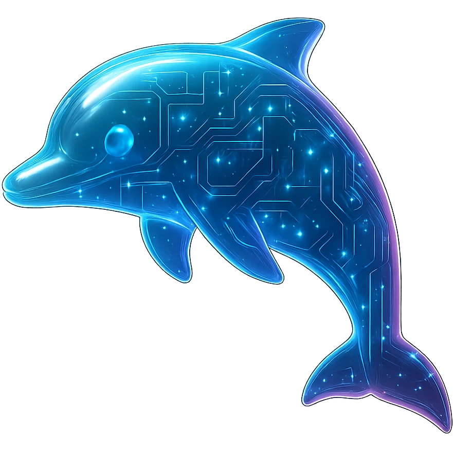 Create a dolphin icon in a cyberpunk, holographic style with glowing neon blue and pink edges, circuit patterns throughout the entire dolphin, and a transparent background. The design should clearly show the dolphin's shape, with neon and circuit effects in a futuristic, clean style consistent with previous cyberpunk icons. The whole icon should have a consistent cyberpunk glow and intricate circuit details. emoji