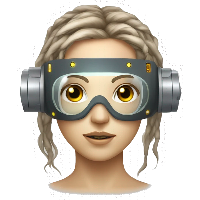female cyborg head, fair skin, Brown long hair with blonde steaks, space age goggles and circuits emoji