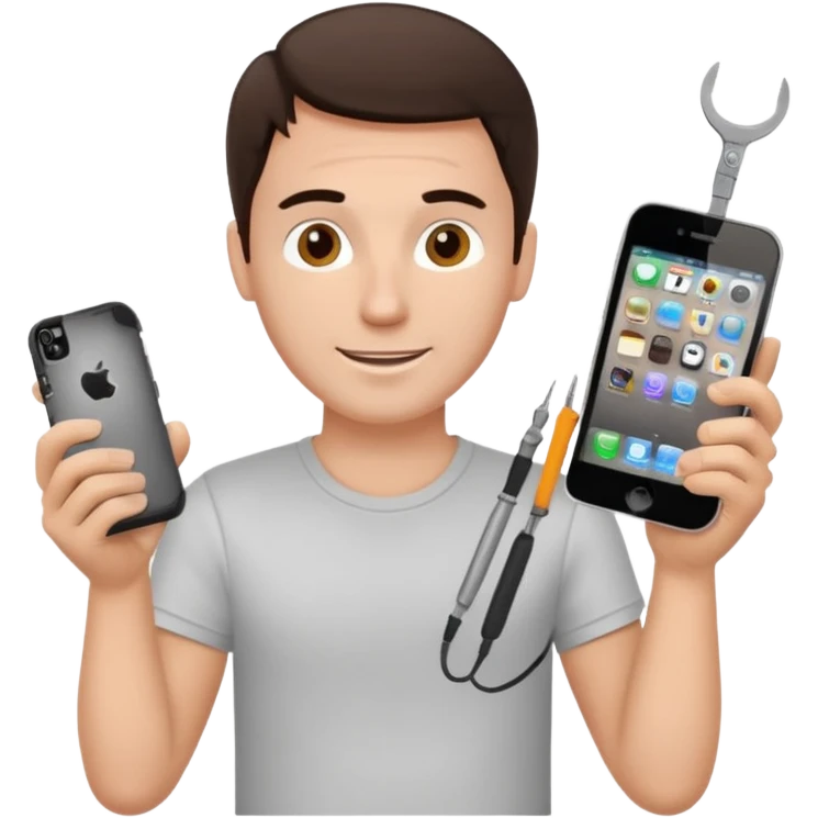 make a white guy with dark brown hair, with a simple white o grey shirt, repairing an iphone happy, tecnician with small tools for phone emoji