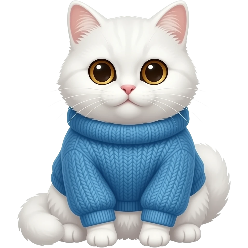 a sitting pretty fluffy white cat with brown eyes in a blue sweater emoji