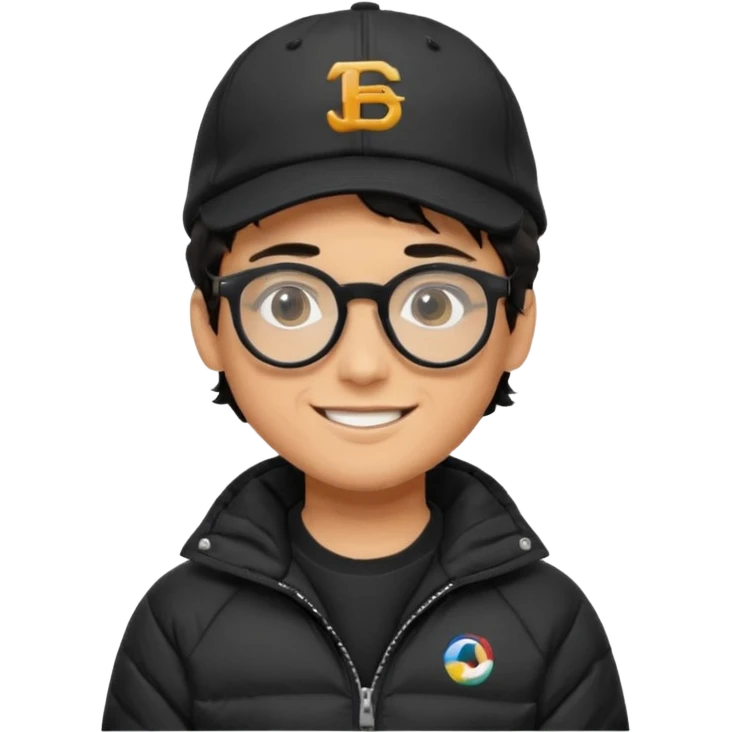Young man wearing a black puffer jacket, black baseball cap with a small logo, round black glasses, wavy hair peeking out from under the cap, smiling emoji