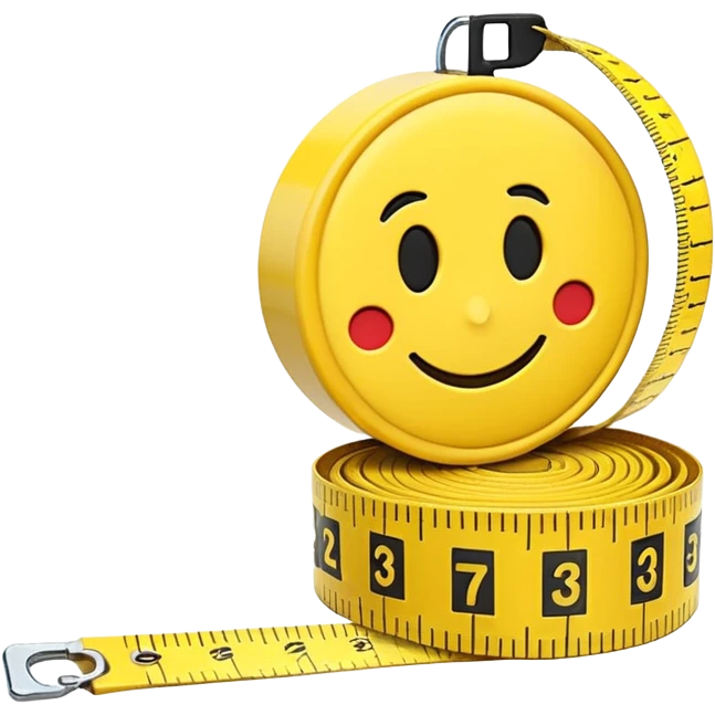A 3D emoji-style yellow measuring tape, rolled in a spiral with black markings, realistic light and shadow, minimalistic background, vector-like clean design. emoji