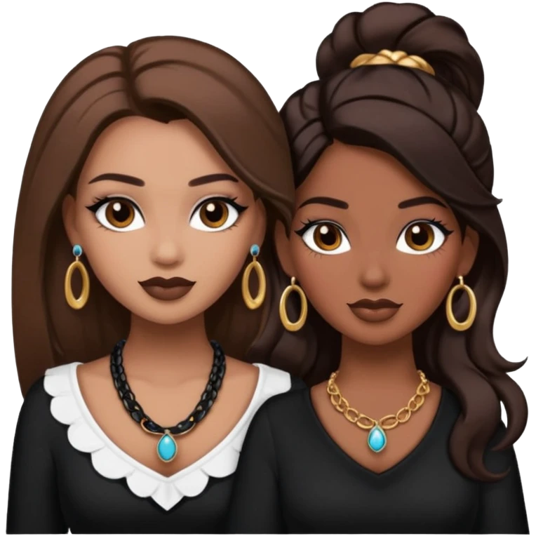 Boujy baddie best friends, trendy heavy makeup both dark hair one light skinned and one mocha brown pretty hair style both wearing black and earrings and necklace one mocha brown skin emoji