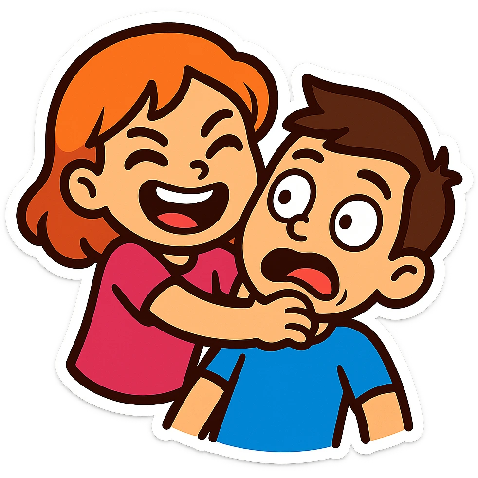 vibrant cartoon emoji sticker of a girl playfully grabbing a boy's neck, both characters with expressive, humorous faces, designed for chat sticker use emoji
