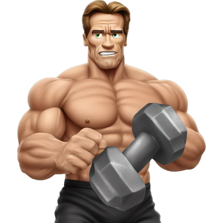 arnold schwarzenegger with dumbbell in a hand without t-shirt with grey eyes emoji