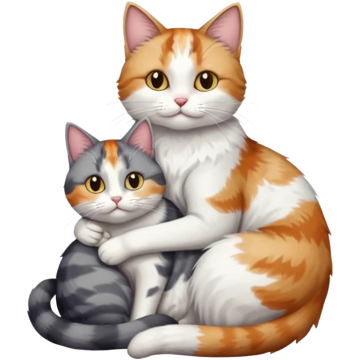 full body colourful light patched calico + white tabby cat cuddling a grey and white cat  emoji