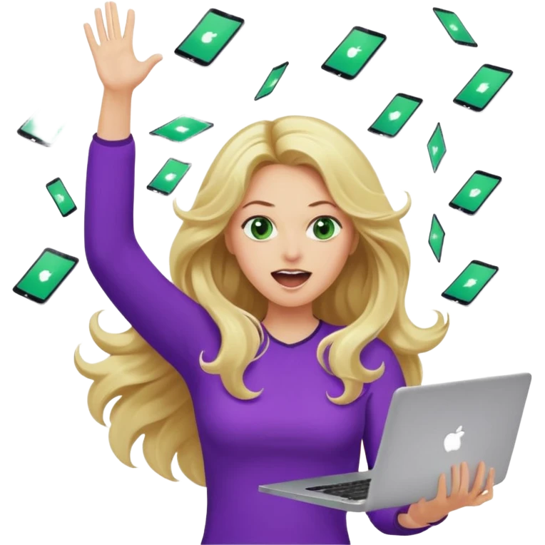 lady with long blonde wavy hair, purple top, green eyes throwing her with a laptop hands in the air screaming emoji